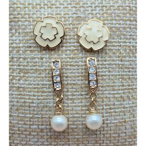 Lot of 2 Dainty Earrings MONET Cream Stud Flowers & Oman Drop Pearl & Rhinestone
